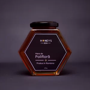 Miere polifloră Honey's Den, miere naturală de albine în borcan hexagonal