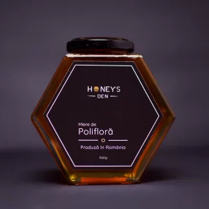 Miere polifloră Honey's Den, miere naturală de albine în borcan hexagonal