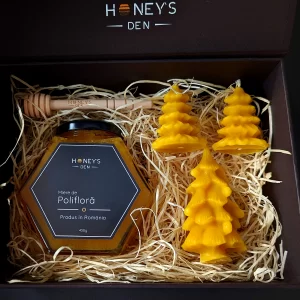 Cadou Crăciun miere de salcâm și lumânări din ceară naturală Honey's Den